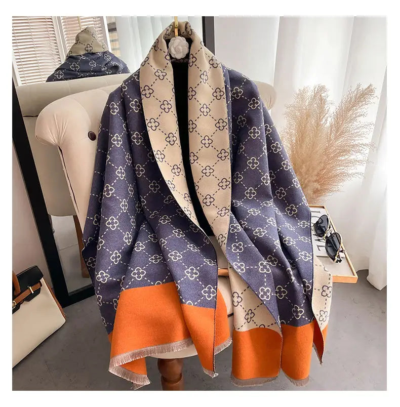 Patterned wool scarf in navy blue, beige, and orange for the Exquisite Faux Cashmere Sunflower.