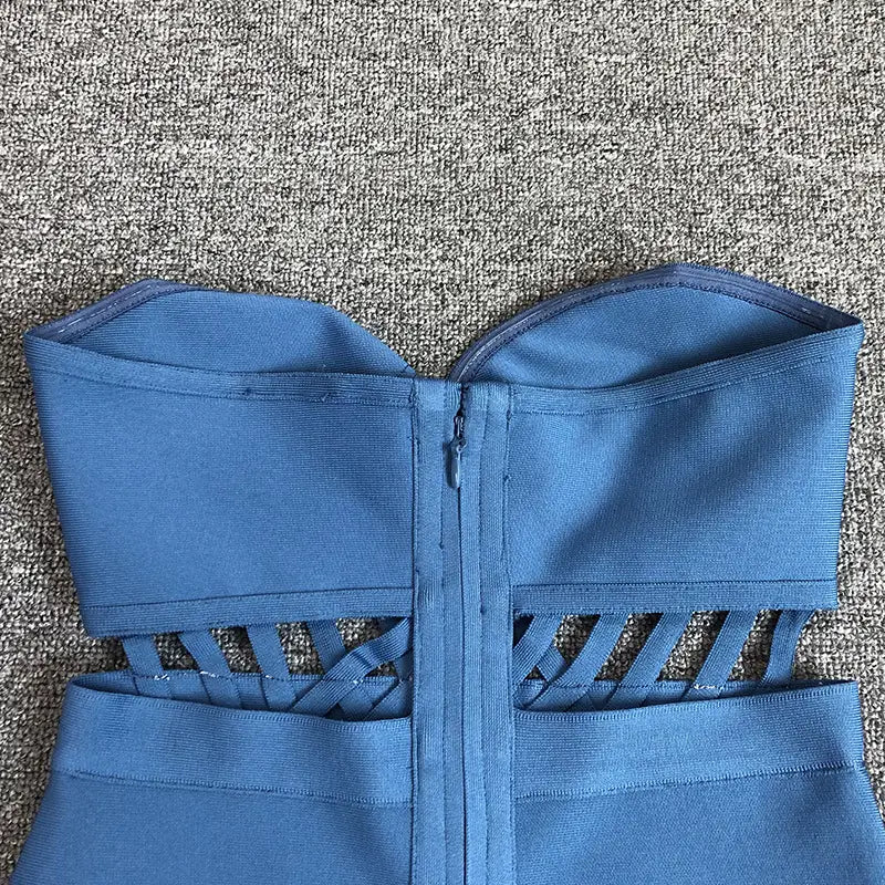 Ladies Sexy Hollowed out Strapless Blue Bandage Dress