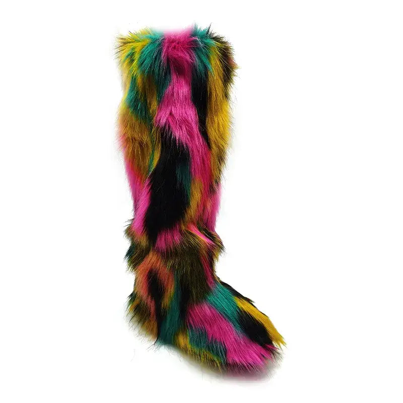 Colorful faux fur boot with patches, perfect Vibrant Fluffy Snow Boots for Women.