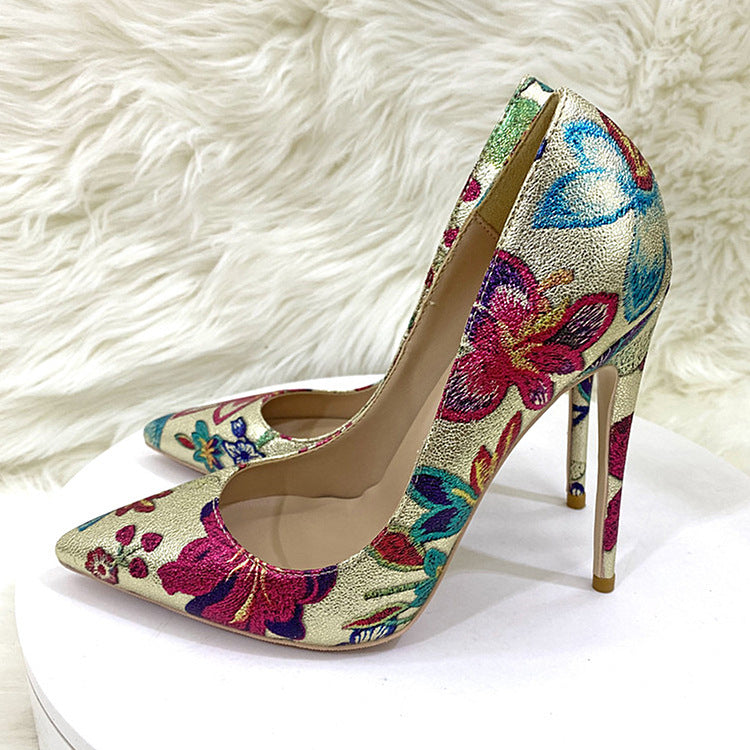 Gold Embroidered Floral High Heel Shoes - Pleasures and Sins   Pleasures and Sins