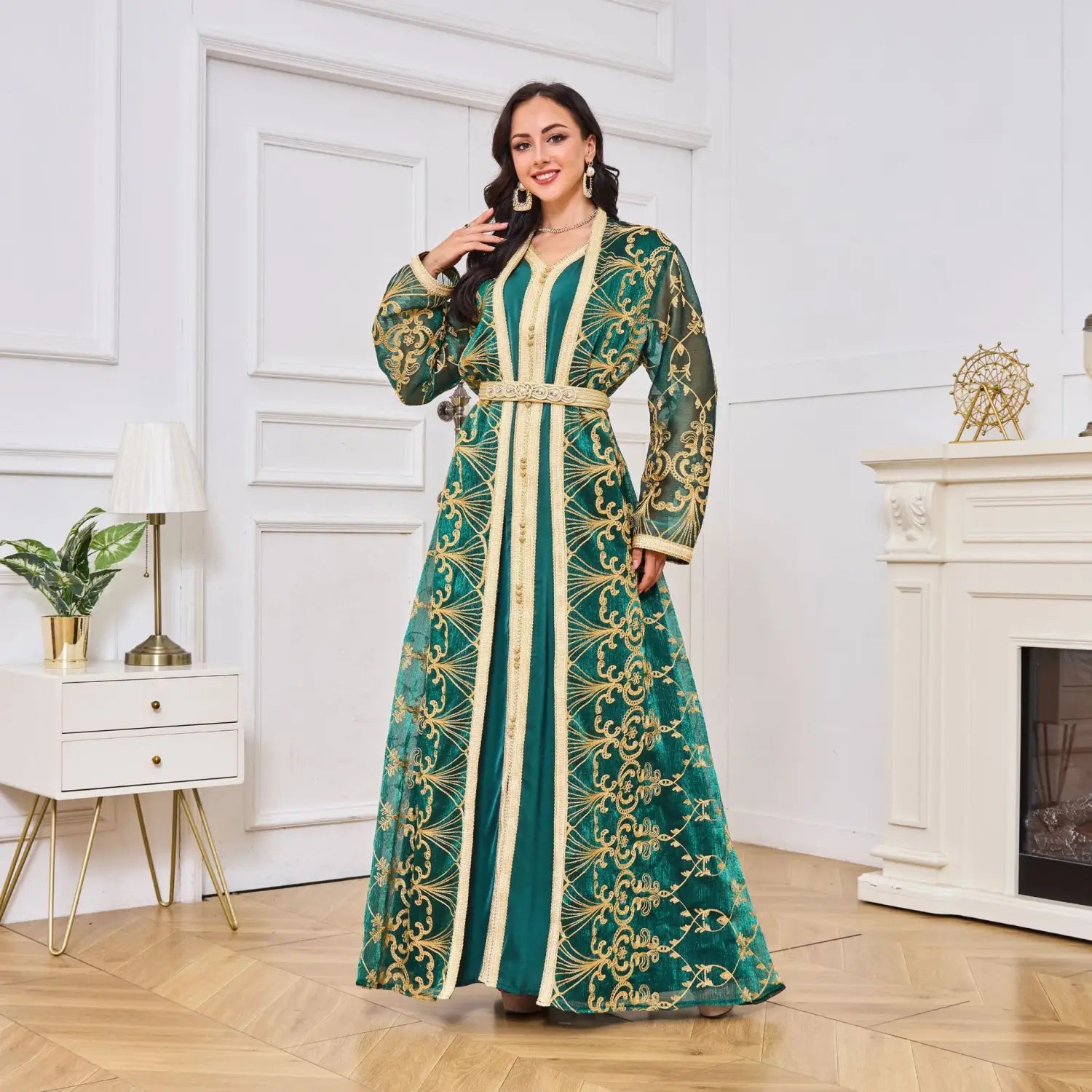 Muslim robe womens embroidered long two-piece dress set