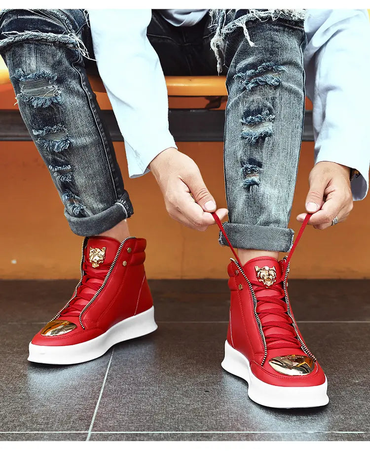 Trendy Red High-Top Casual Street Boots with Gold Accents and White Soles