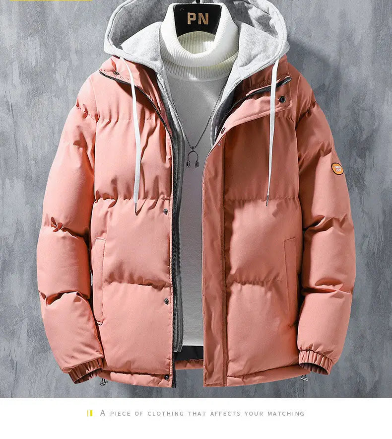 Pink puffy winter jacket with a white hood lining, trendy windproof loose oversized style.