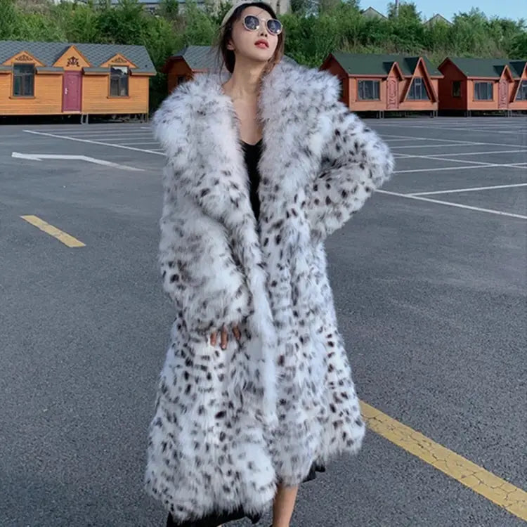 Women’s Knee Length Mink Fur Coat with Leopard Print Style