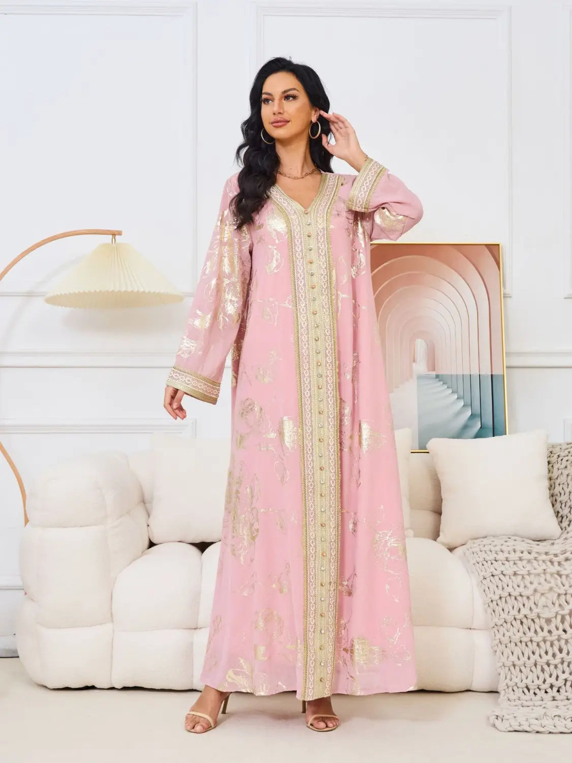 Muslim Womens Dress New Pink Stamped Fashion Party Robe