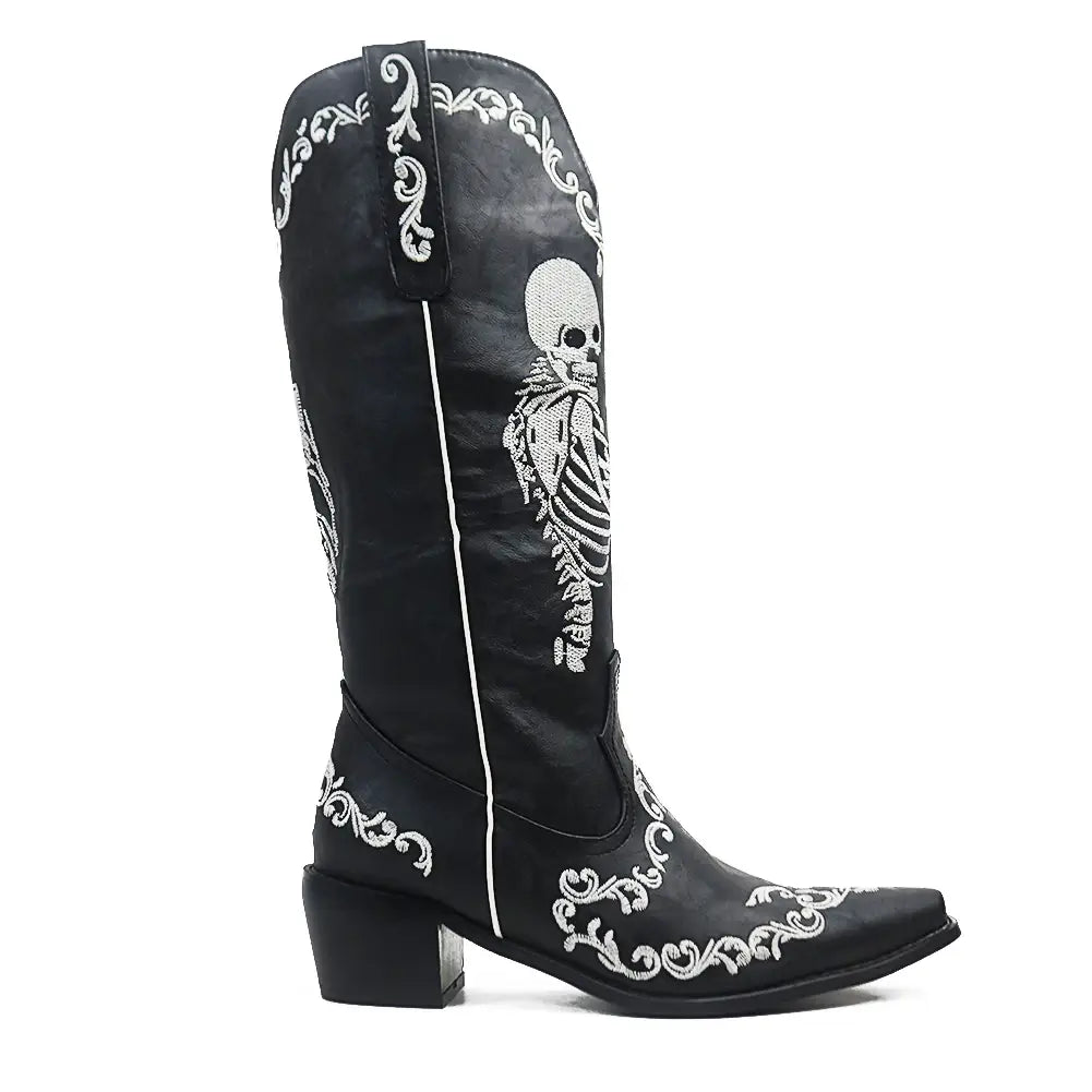 Bottes de cowgirl à talons hauts pour femmes à mi-mollet et à talons courts Skull