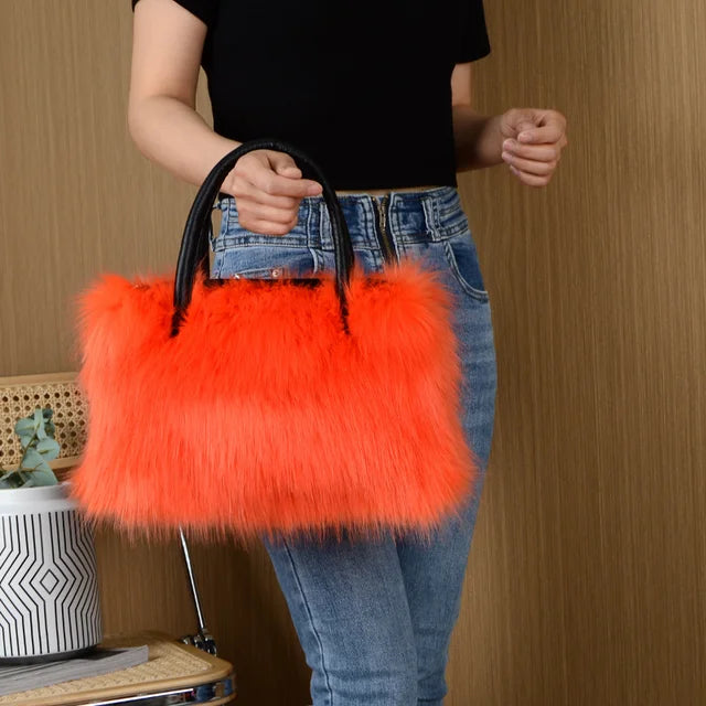 Winter Bright Color Women's Faux Fur Fluffy Boston Handbag