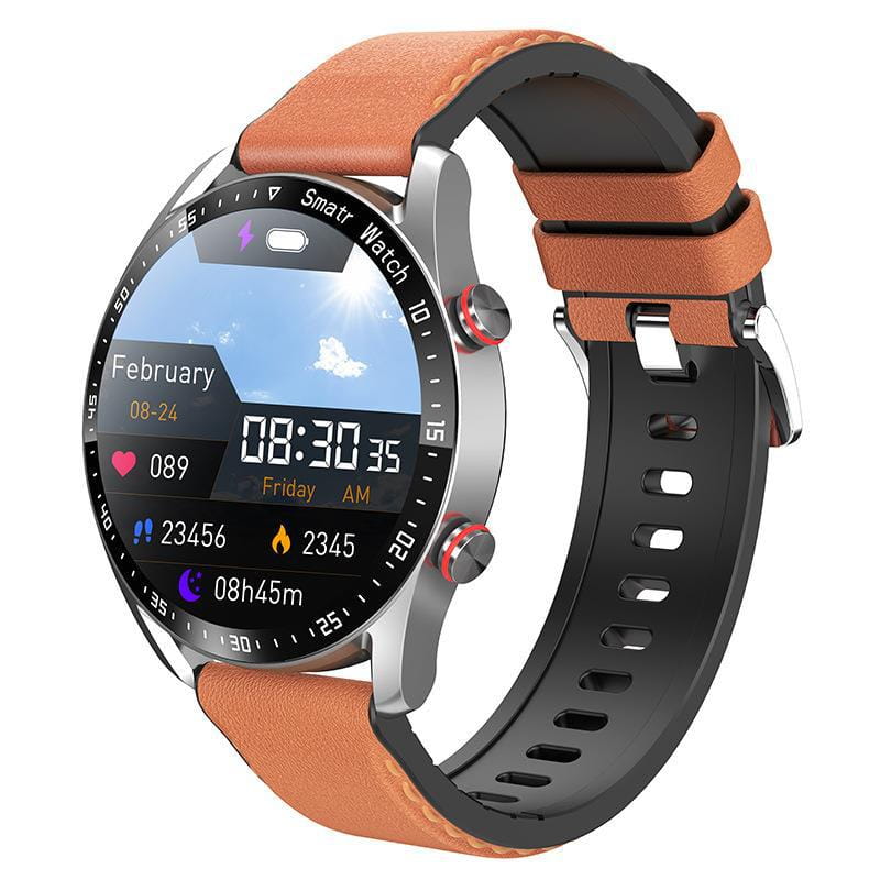 Modern Stainless Steel Smart Watch ECG PPG with brown leather strap and large screen.