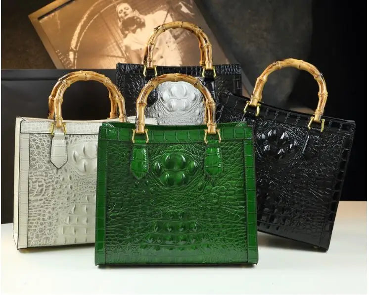 Genuine Leather Bamboo Handle Crocodile Pattern Ladies Handbag - Pleasures and Sins   Pleasures and Sins