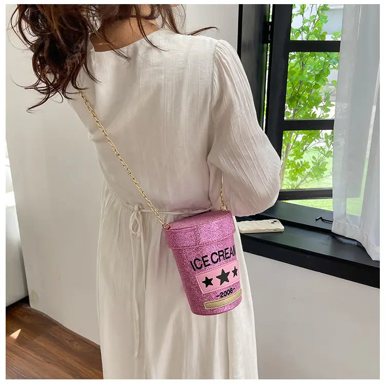 Sequin crossbody small round bag In shape of ice cream pot