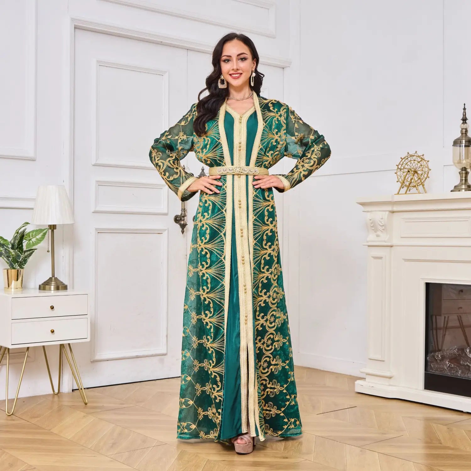 Muslim robe womens embroidered long two-piece dress set