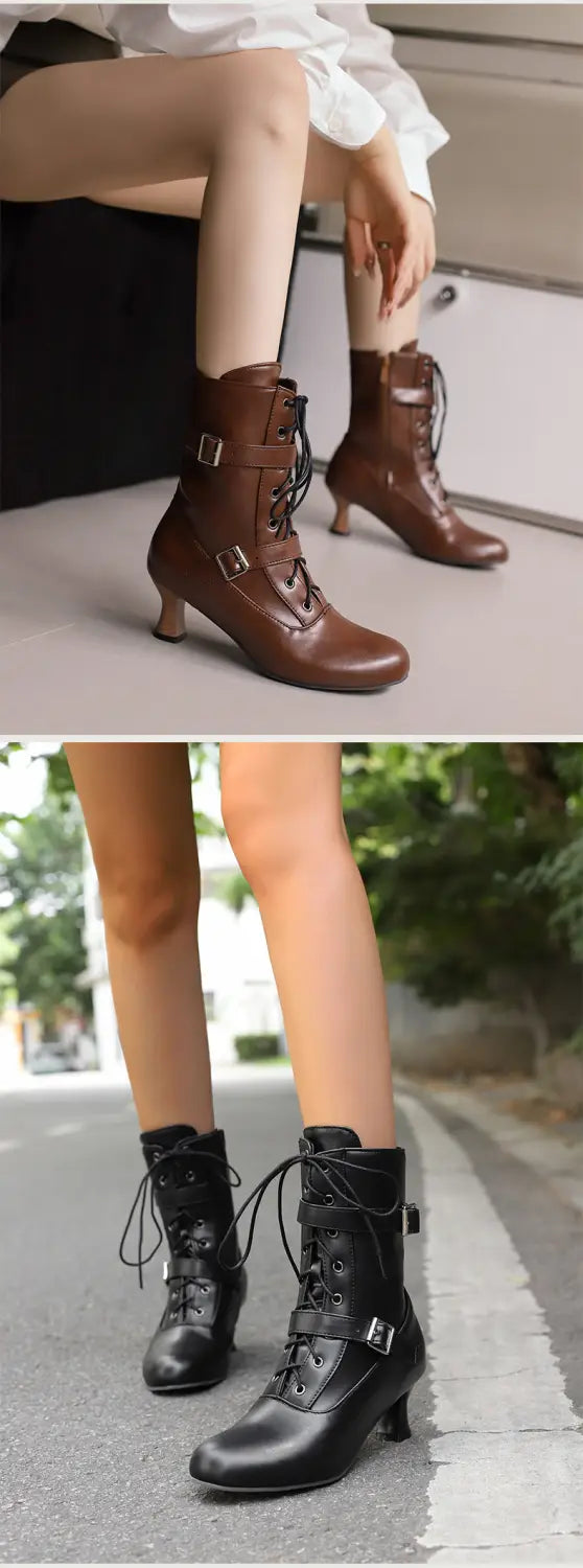 Brown and black mid heel lace-up combat boots with stylish buckle details.