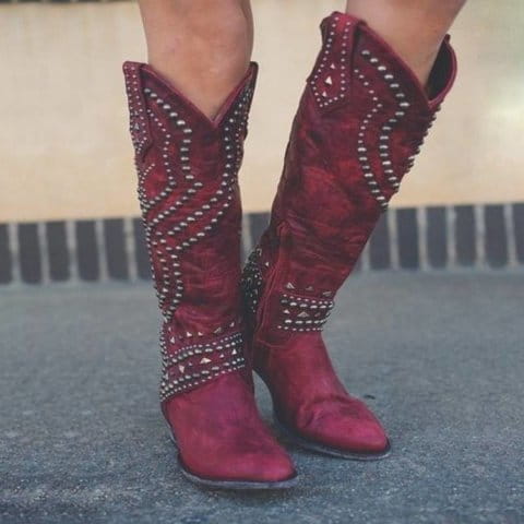 Ladies Western Cowgirl Boots With Rivet Detail and Chunky