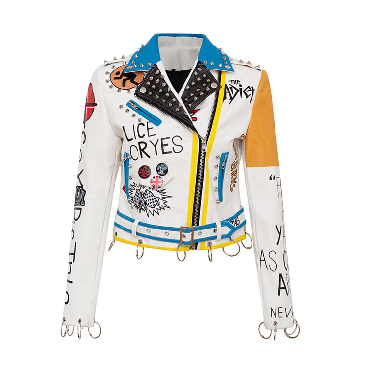 Graffiti Print Studded/rivetr Motorcycle Pu Leather Jacket