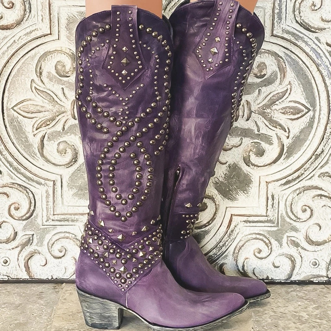 Ladies Western Cowgirl Boots With Rivet Detail and Chunky Heels