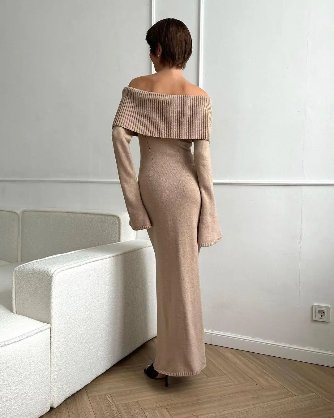 Off-the-shoulder Long Sleeve Knitted Bodycon Maxi Dress