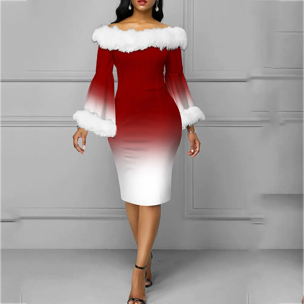 Red Lace Christmas Dress with Musical Notes and Santa