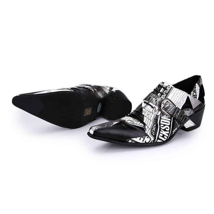 Stylish Michael Jackson Newspaper Print Leather Lace-up Buckle Shoes with pointed toes.