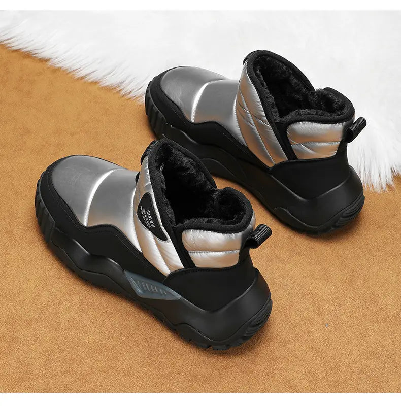 Black and silver athletic sneakers with fuzzy lining, perfect for fluff thickened warmth.