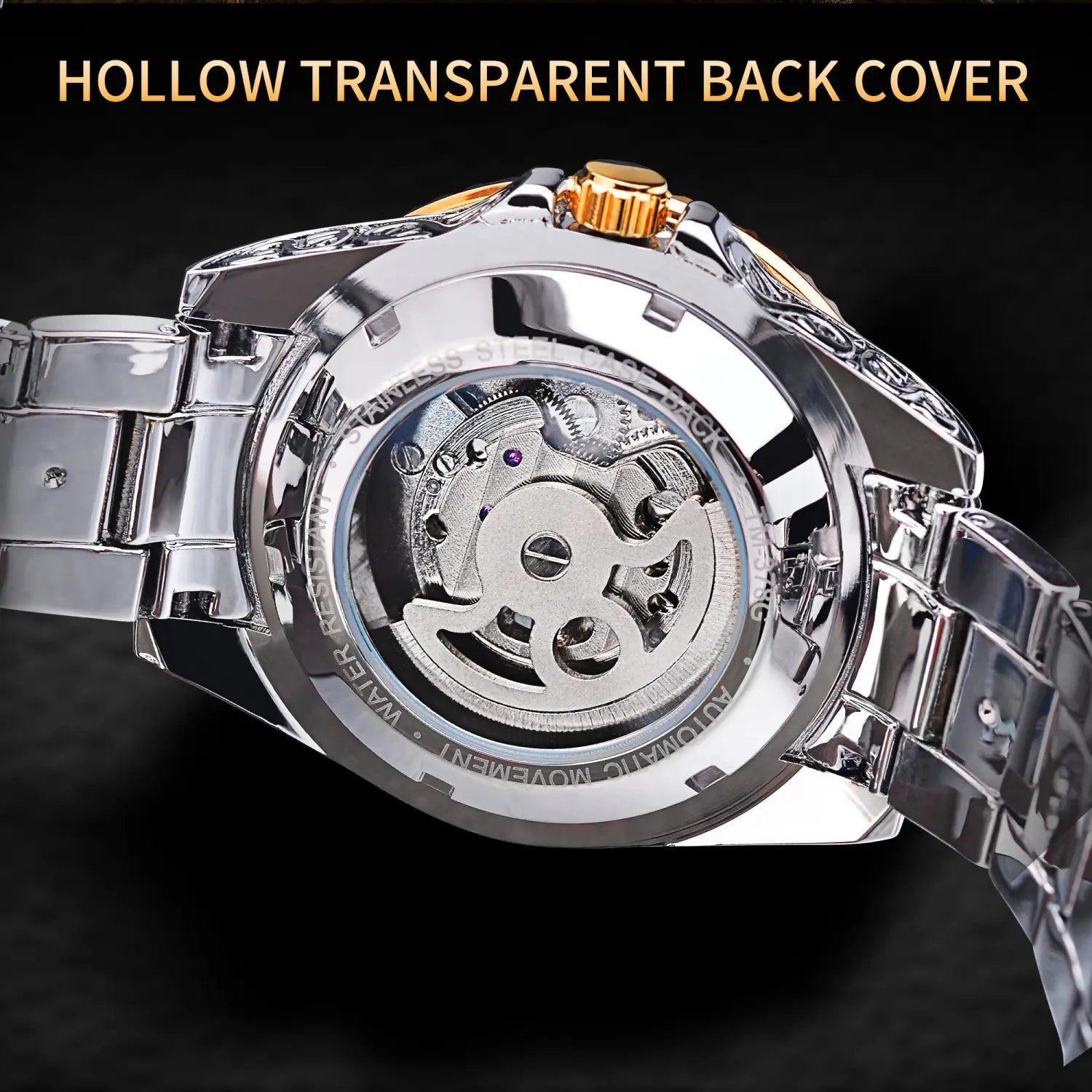 Le fond transparent de la montre révèle la mécanique interne du tourbillon sculpté squelette en acier inoxydable pour hommes.