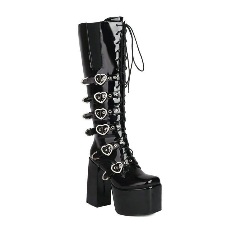 Unisex High Heel Punk Front Lace-up Multi Buckle High Leg