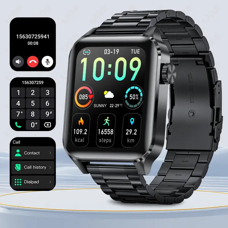 Black metal smartwatch with Bluetooth calling and waterproof health monitoring features.