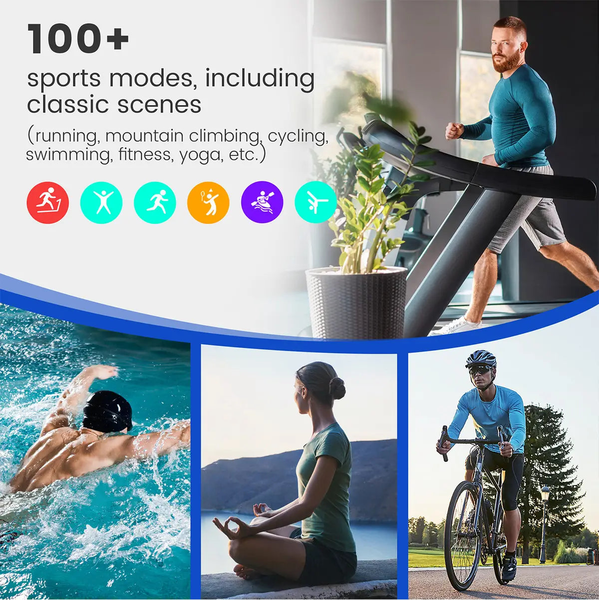 Marketing collage of sports activities with Stylish Black Smartwatch for waterproof health monitoring.