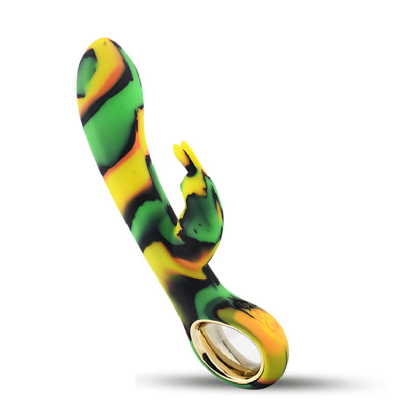 Curved rainbow silicone women’s vibrator in vibrant swirled green, yellow, and black.