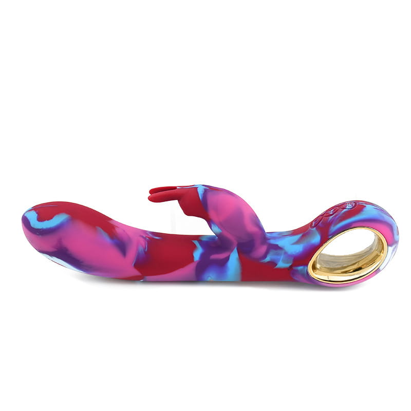 Swirled red, pink, and blue Rainbow Silicone Women’s Vibrator with gold-toned ring.