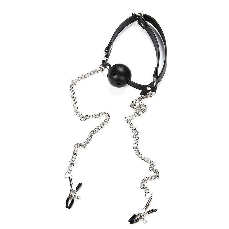 Ball gag With Attached Nipple Clamps For Adult Bondage BDSM Play - Pleasures and Sins   Pleasures and Sins