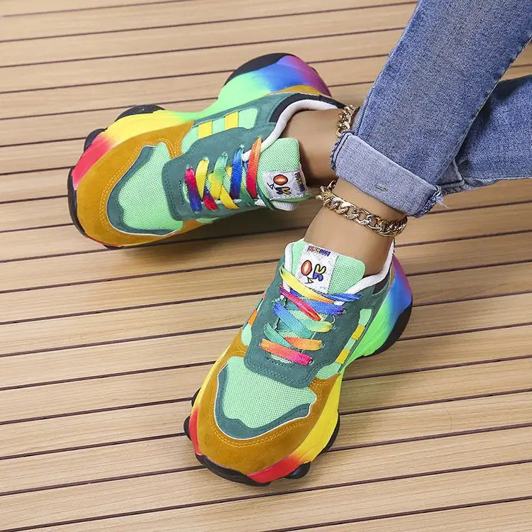 Colorful Rainbow Hip Hop Casual Shoes with vibrant laces and chunky soles for street style.