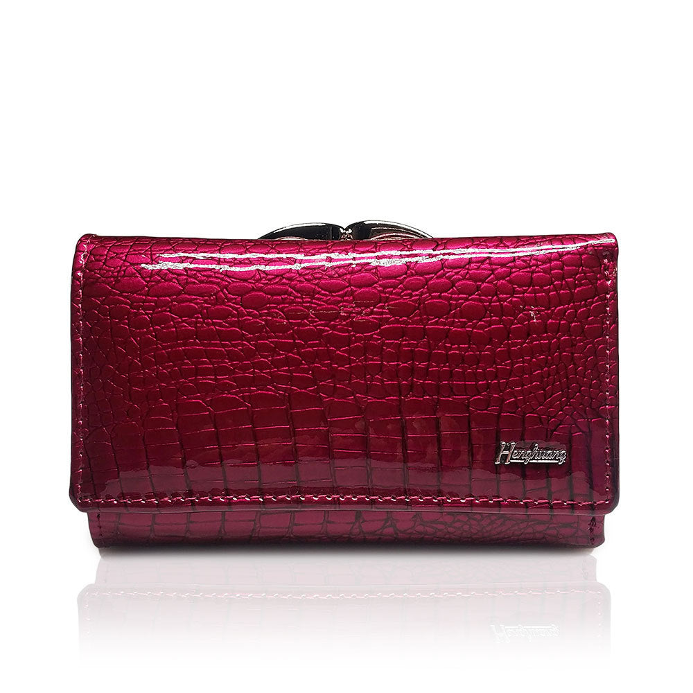 Ladies Patent Leather Crocodile Print Purse With Top Clasp