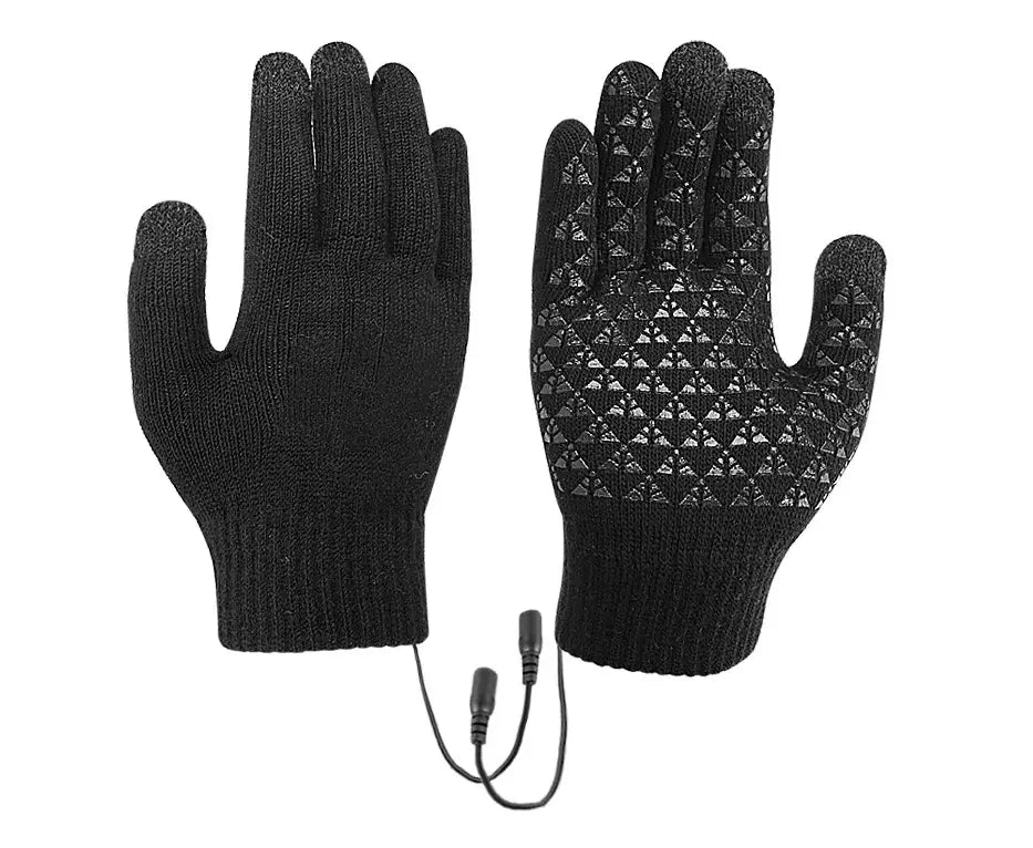 Black knit heated electric gloves with USB connectivity for ultimate warmth and comfort.