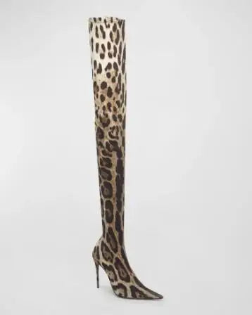 Womens Leopard Snakeskin Pointed Boots Stiletto Heels Thigh Long Socks Boots - Pleasures and Sins   Pleasures and Sins