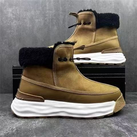 Tan winter boots with black fur trim and chunky white soles for stylish mens high-top platform.