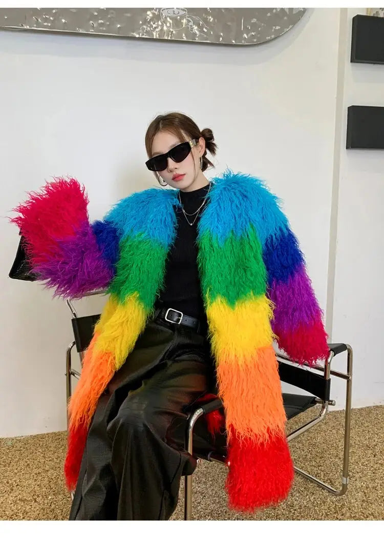 Winter Faux Fur Coat Shaggy Rainbow Outerwear