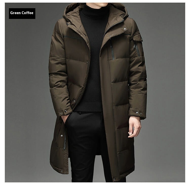 Olive green hooded winter puffer coat with thermal insulation and snap closures.