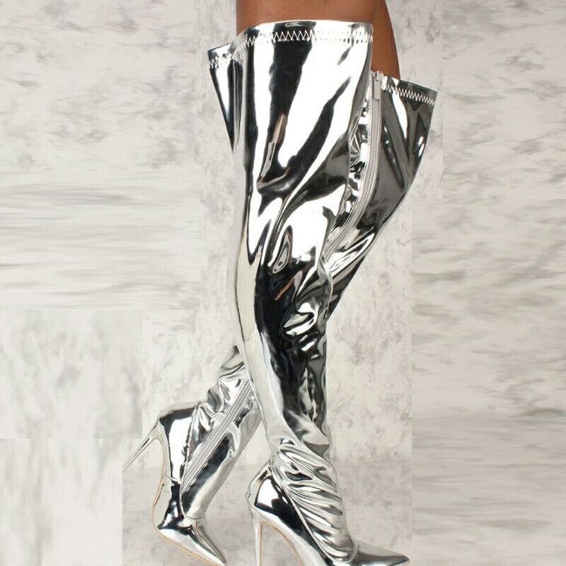 Metallic Silver Pointed Toe Stiletto Heel Thigh Boots