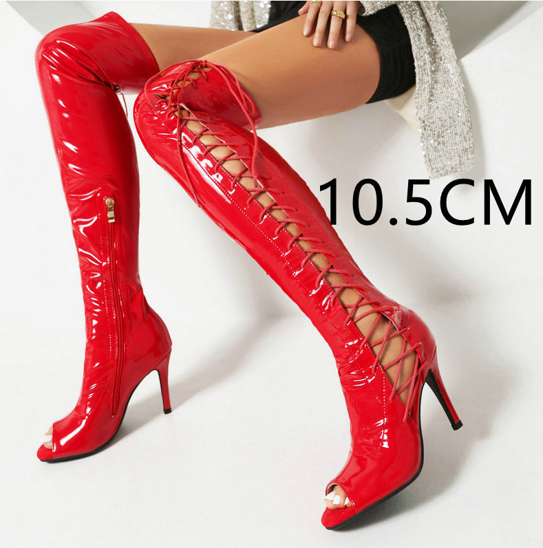 Patent Stretch Over-the-knee Open Toe Side Lace Up Boots