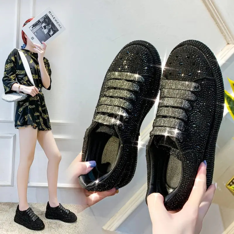 Sparkly black slip-on leisure shoes with rhinestone bling and thick sole lace design.