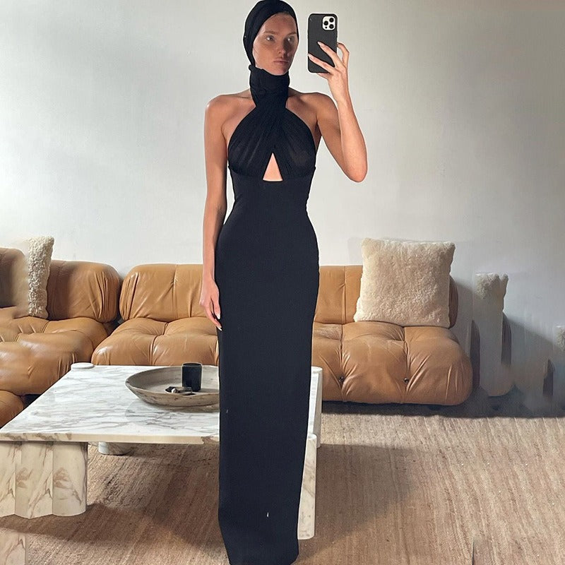 Women's strappy neck sexy backless slim fit banquet red carpet dress