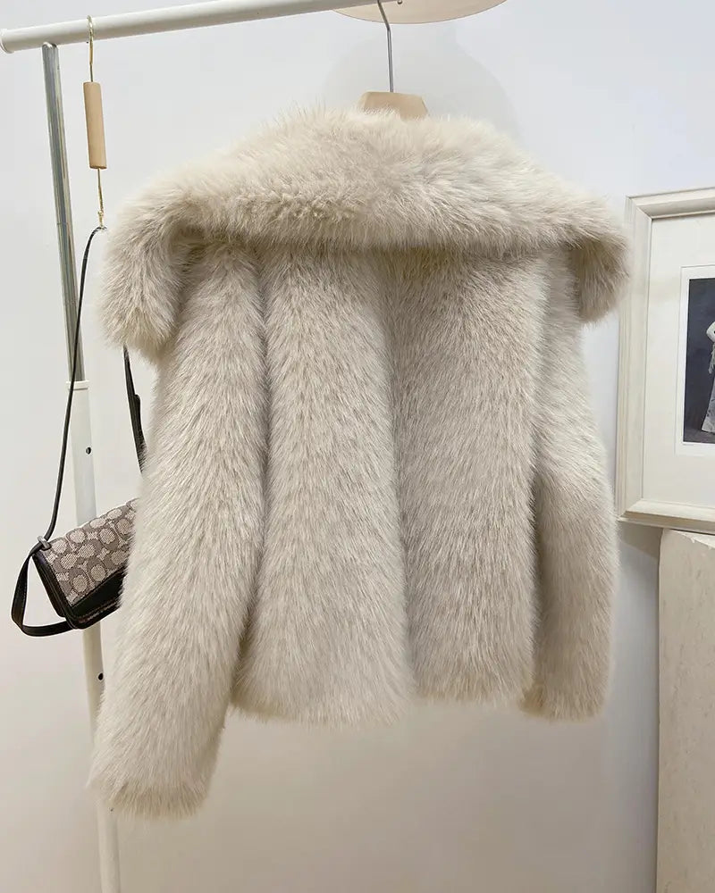 Ladies Large Lapel Fur Coat Elegant Long Sleeve Warm Fur