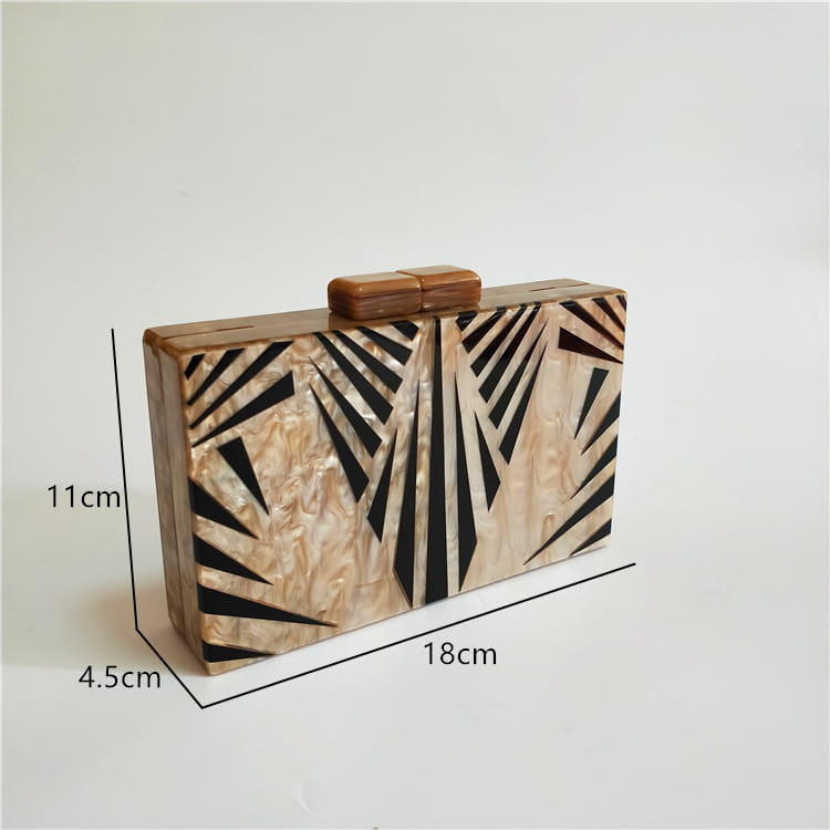 Wooden clutch purse featuring Art Deco geometric pattern in black and beige tones.