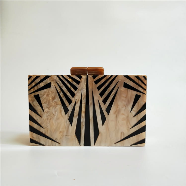 Art Deco Geometric Pattern Acrylic Clutch Purse in Black and Gold with sunburst design