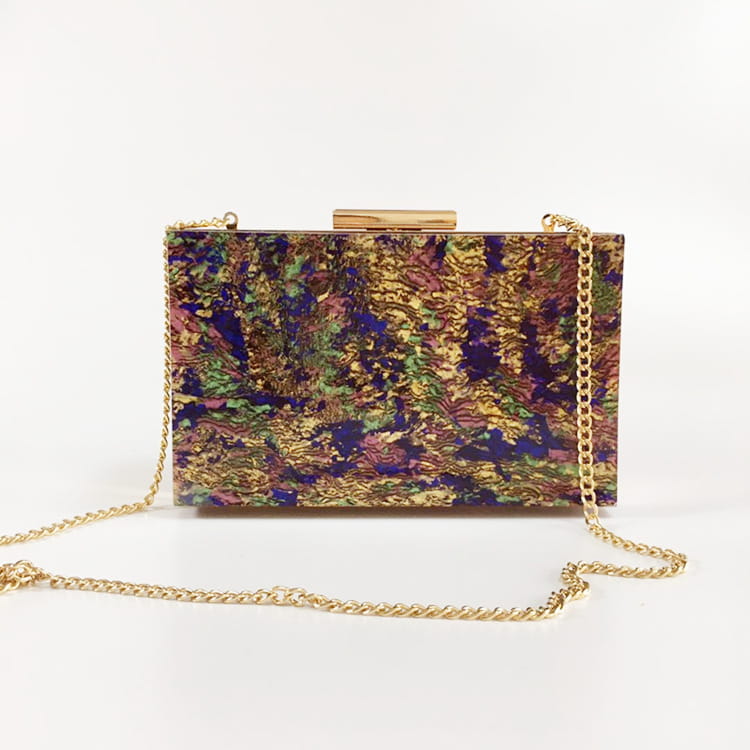 Metallic box clutch purse with iridescent sequins and gold chain, perfect pearl acrylic dinner clutch.