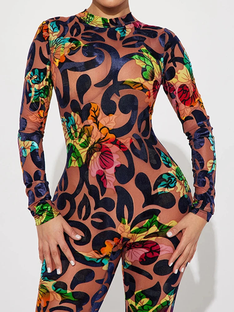 Long sleeved 3D cde printed multi-color patterned Bodycon jumpsuit - Pleasures and Sins   Pleasures and Sins