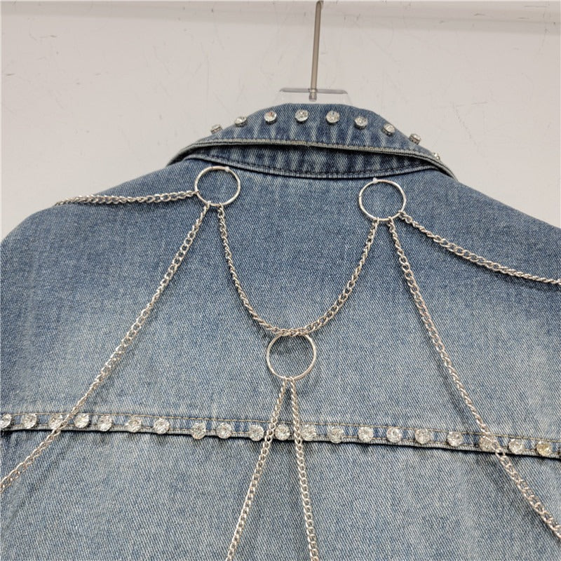 Studded Chain Design Womens Frayed Hem Sleeveless Denim Waistcoat - Pleasures and Sins   Pleasures and Sins