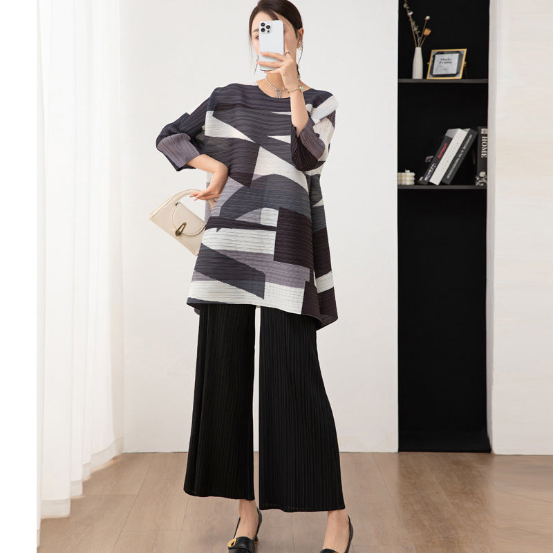 Women's autumn two-piece set, printed mid length top, wide leg pants