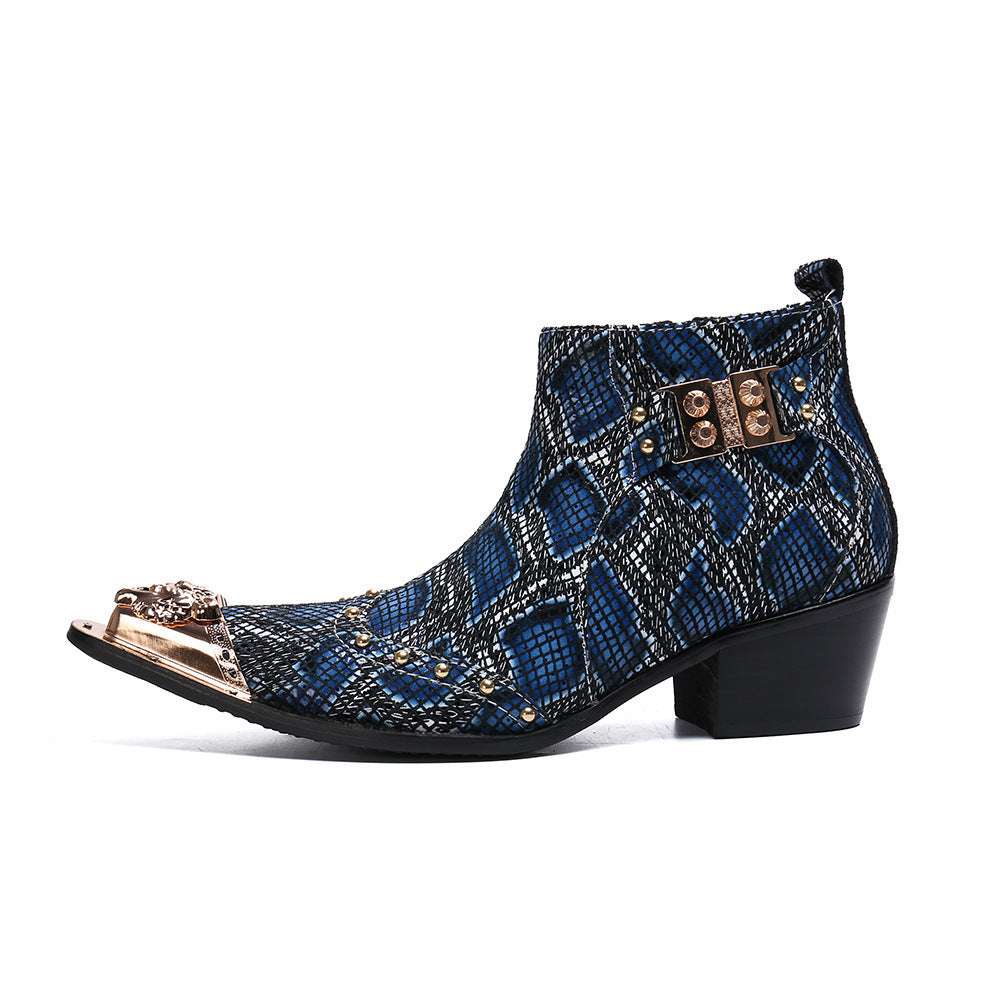 Mens Snake Print Short Leather Metal Toe Buckle Boots