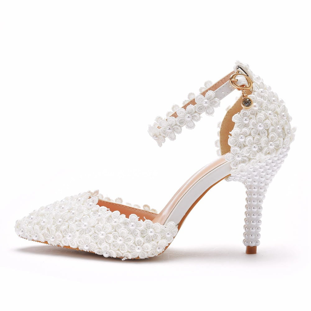 Elegant White Pointed Toe High Stiletto Wedding Shoes with Pearls and Lace Sandals.